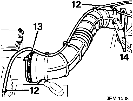 Diagram showing vacuum pipe, intake trunking, and breather pipe connections with callout numbers 12, 13, and 14.