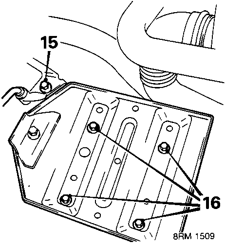 Diagram showing battery tray secured by a bolt and four bolts, with callout numbers 15 and 16.