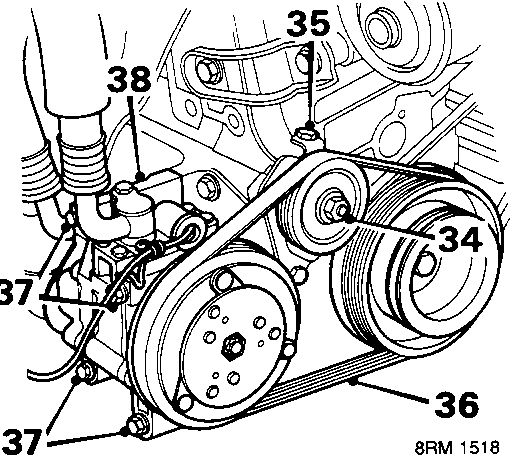 Diagram of air conditioning compressor, drive belt and tensioner with callout numbers 34 through 38