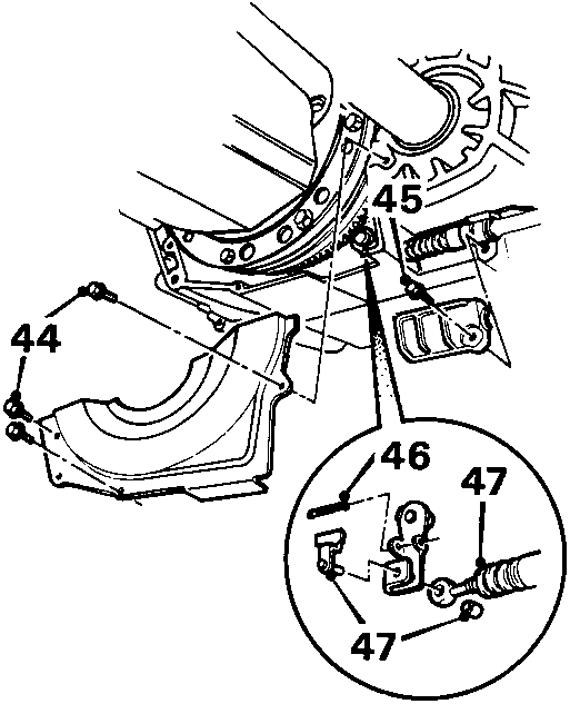 Diagram showing drive plate cover, selector cable holder, split pin, control pin and roller labeled 44, 45, 46, 47