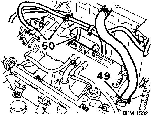 Diagram showing brake servo vacuum hose and inlet manifold vacuum pipes labeled 49, 50