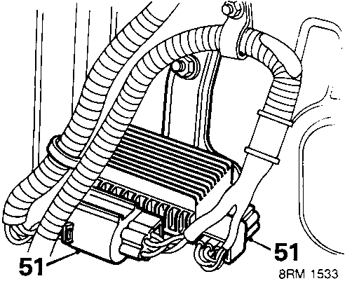 Diagram showing release of engine harness multiplugs from retaining brackets, callout 51