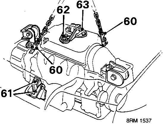 Diagram showing engine suspended by lifting chains connected to brackets, callouts 60, 61, 62, 63