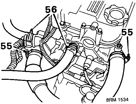 Diagram showing coolant and heater hose connections on engine, callouts 55 and 56