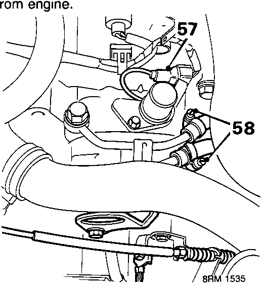 Diagram showing lock-up control solenoid valve and oil cooler hose connections, callouts 57 and 58