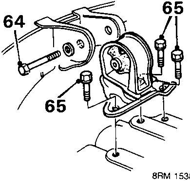 Diagram showing removal of R.H. mounting plate bolts from gearbox, callouts 64 and 65
