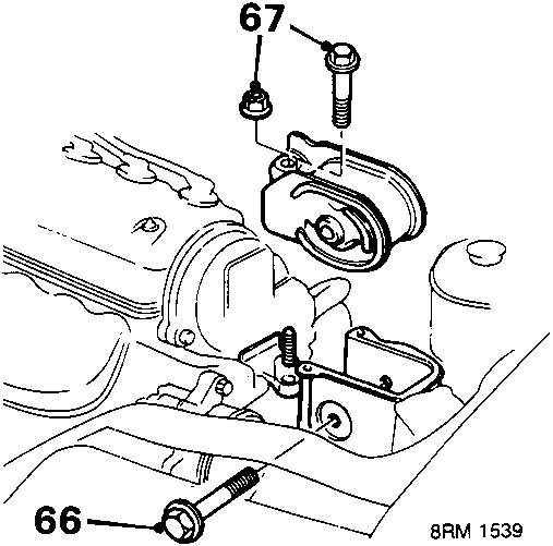 Diagram showing engine mounting bolts and brackets, with callout numbers 66 and 67 pointing to specific fasteners.