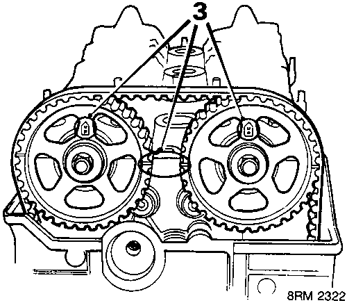 Diagram of engine timing belt assembly showing camshaft pulleys and tensioner with callout number 3