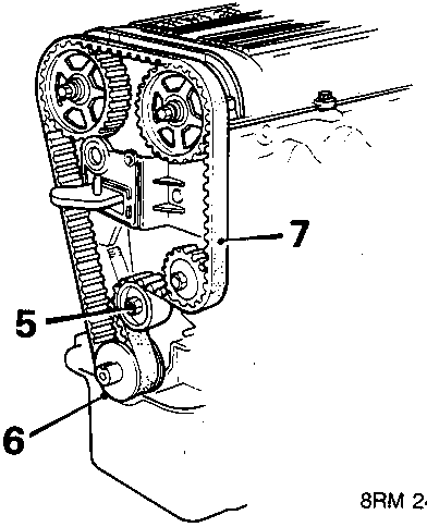 Diagram of timing belt drive showing crankshaft gear, water pump, and camshaft gears with callout numbers 5, 6, and 7