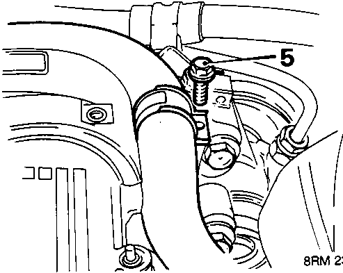 Detail view of the upper engine area showing a bolt securing an air conditioning hose to a bracket