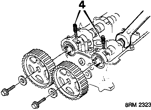 Diagram showing camshafts with alignment pins inserted into the gear teeth