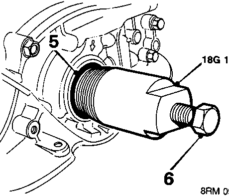 Diagram showing tool 18G 1579 being used to extract a crankshaft oil seal, with callout numbers 5 and 6