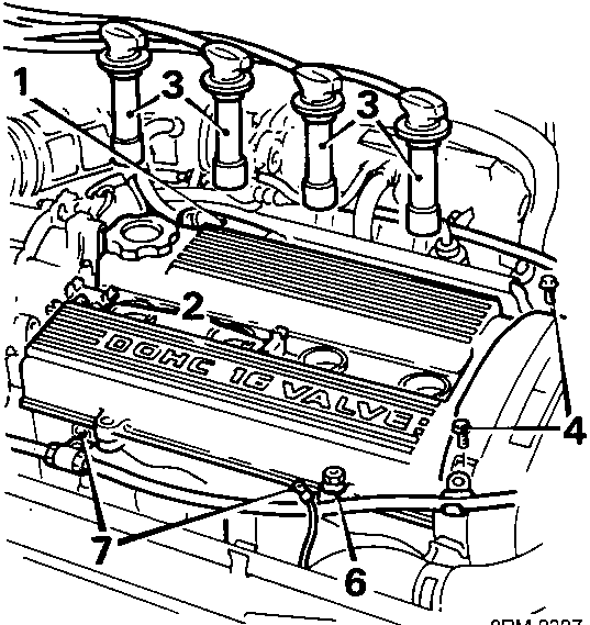 Diagram of camshaft cover area showing spark plug leads, bolts, and securing studs with callout numbers 1 through 7