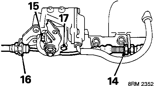 Diagram showing throttle cable linkage with callout numbers 14, 15, 16, and 17
