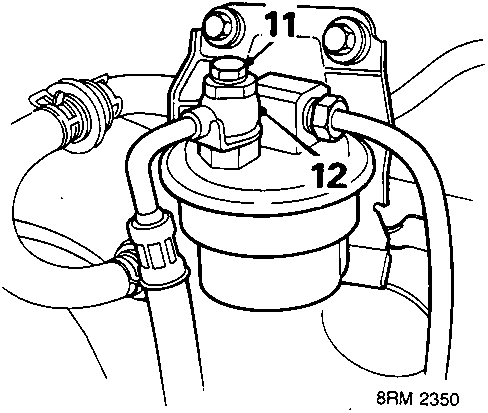 Diagram showing fuel filter assembly with callout numbers 11 and 12