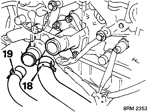 Diagram showing hoses connected to cylinder head with callout numbers 18 and 19