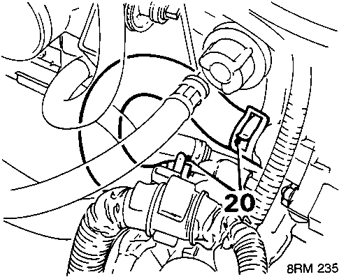 Diagram showing release of clips and disconnecting thermostat hose from inlet manifold, with callout number 20
