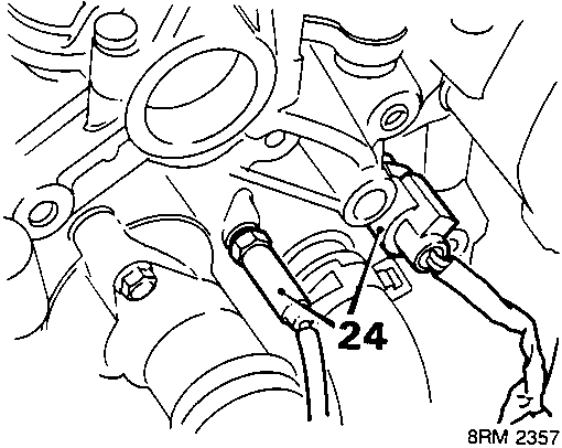 Diagram showing disconnecting coolant sensor plugs at cylinder head, with callout number 24