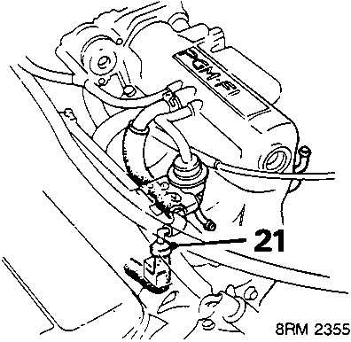 Diagram showing disconnecting and removing P.C.V. hose from inlet manifold, with callout number 21