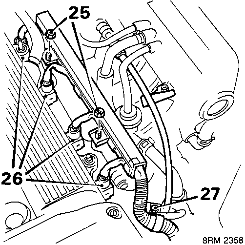 Diagram showing removal of nuts for harness cover, disconnecting multiplugs from injectors, and removing bolt for harness bracket, with callout numbers 25, 26, and 27