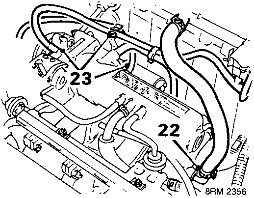 Diagram showing disconnecting brake servo vacuum hose and air cleaner/MAP sensor hoses from inlet manifold, with callout numbers 22 and 23