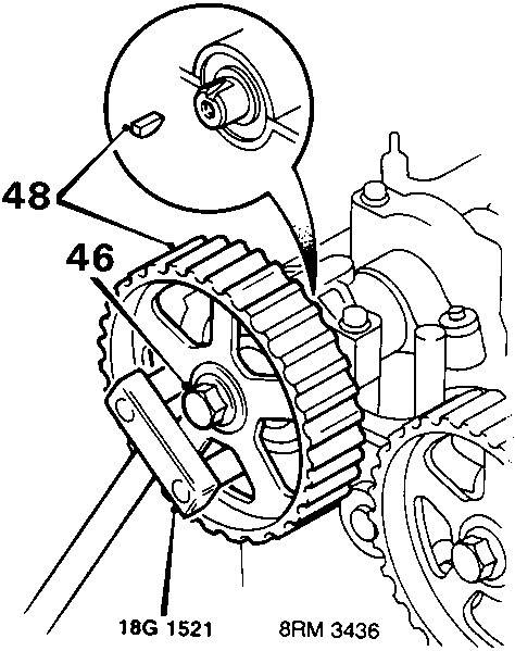 Diagram showing camshaft gears with tool 18G 1521 applied, with callouts 46 and 48