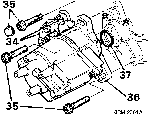 Diagram showing distributor removal with callouts 34, 35, 36, and 37