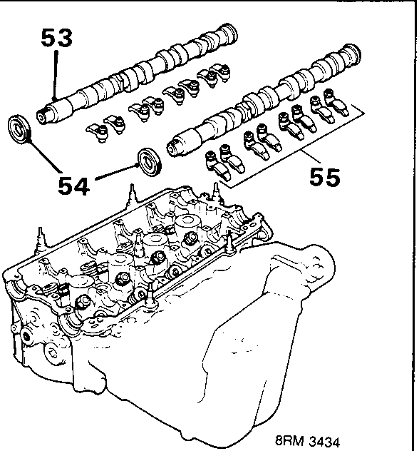 Exploded view of camshafts, oil seals and rocker arms with callout numbers 53, 54 and 55