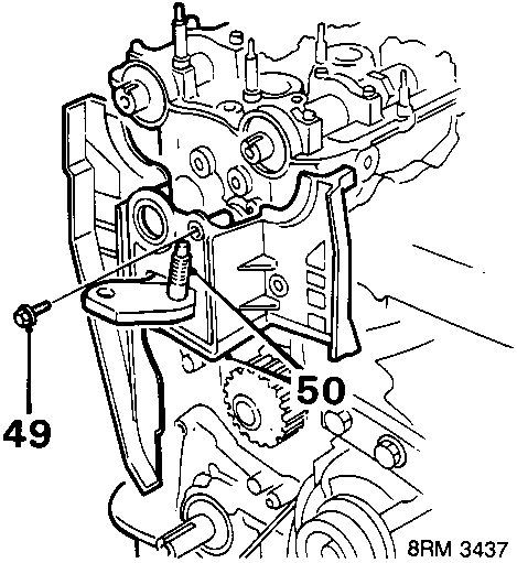 Diagram showing timing belt rear cover with callout numbers 49 and 50