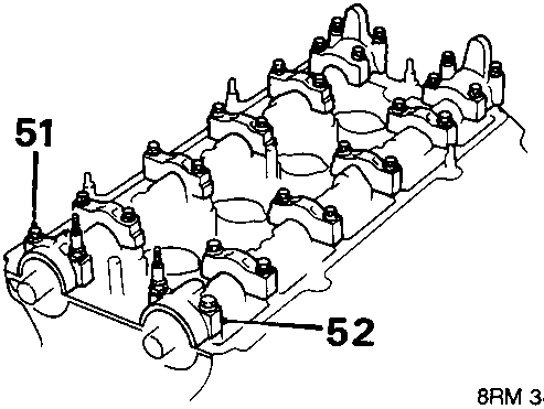 Diagram of camshaft bearing holders on cylinder head with callout numbers 51 and 52