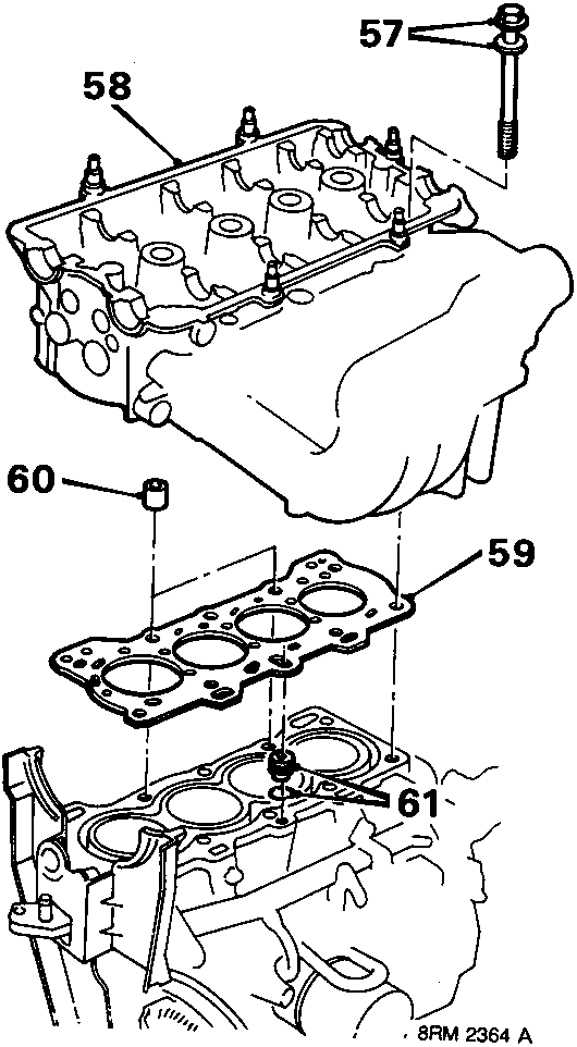 Exploded view of cylinder head assembly showing bolts, gasket, oil control jet and locating dowels