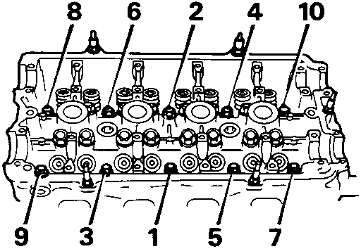 Cylinder head showing tightening sequence for bolts numbered 1 through 10