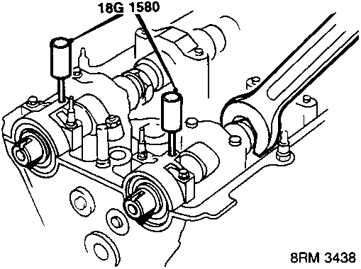 Diagram showing camshaft alignment tools 18G 1580 fitted to the engine, reference 8RM 3438