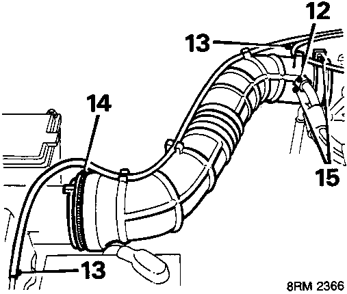 PCV hose, vacuum pipe, intake trunking, and breather pipe disconnection diagram showing callout numbers 12, 13, 14, and 15