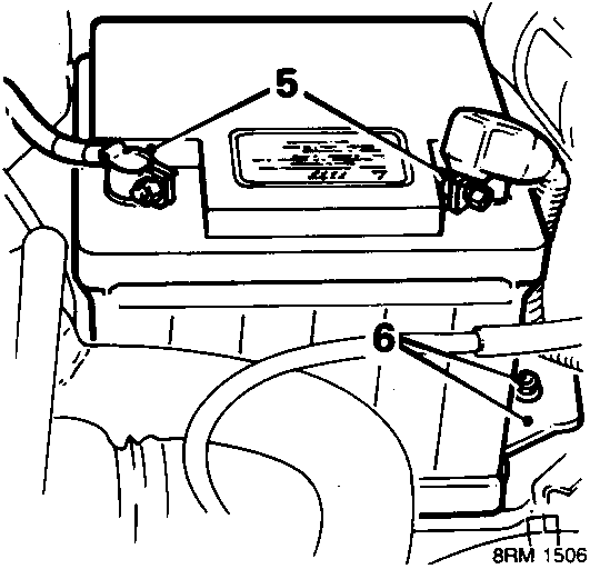 Battery and battery clamp removal diagram showing callout numbers 5 and 6