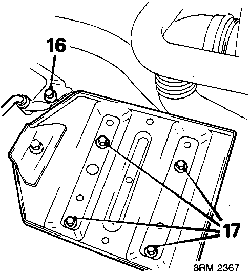 ABS pipe and battery tray removal diagram showing callout numbers 16 and 17
