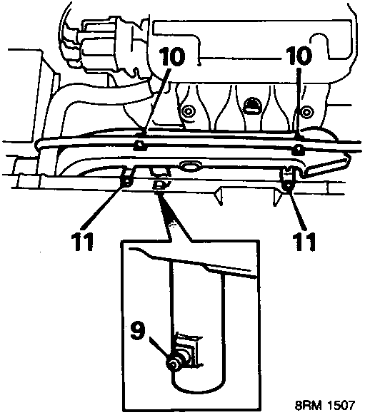 Air duct and expansion tank hose removal diagram showing callout numbers 9, 10, and 11