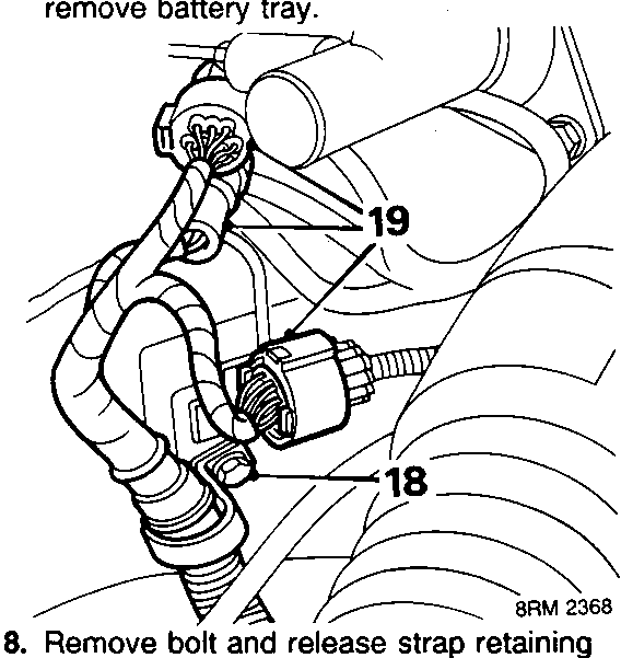 Engine harness strap and multiplug disconnection diagram showing callout numbers 18 and 19
