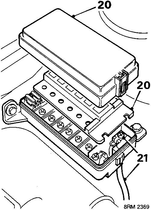 Diagram showing fusebox cover, fuse cover plate, screw and battery lead to fusebox with callout numbers 20 and 21