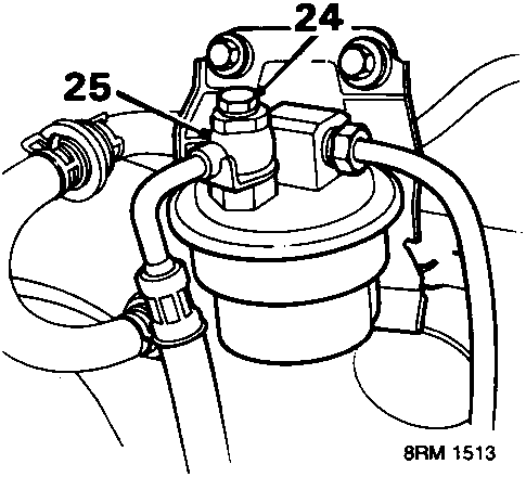 Diagram showing sealing bolt, banjo bolt, fuel outlet pipe and filter with callout numbers 24 and 25