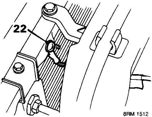 Diagram showing bolt and engine earth lead to bonnet lock platform with callout number 22