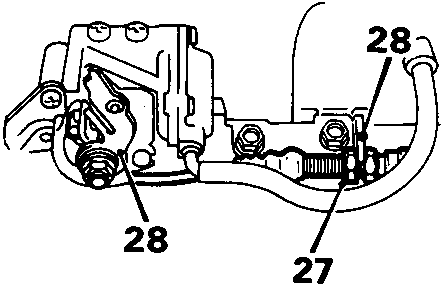 Diagram showing throttle cable locknut and bracket with callout numbers 27 and 28