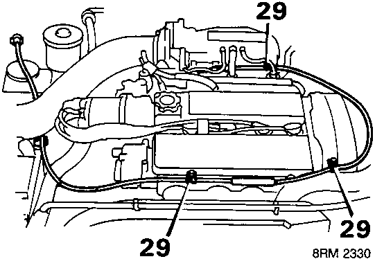 Diagram showing throttle cable retaining clips with callout number 29