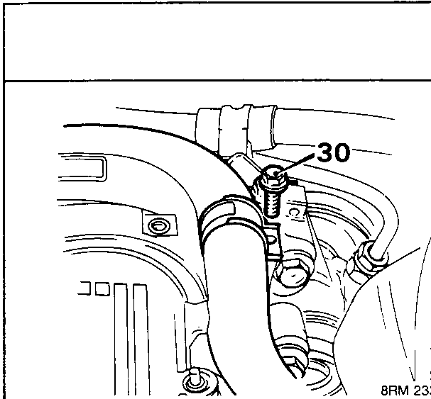 Diagram showing bolt 30 securing air conditioning hose to power steering bracket