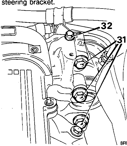 Diagram showing bolts 31 and adjustment bolt 32 on power steering pump mounting bracket