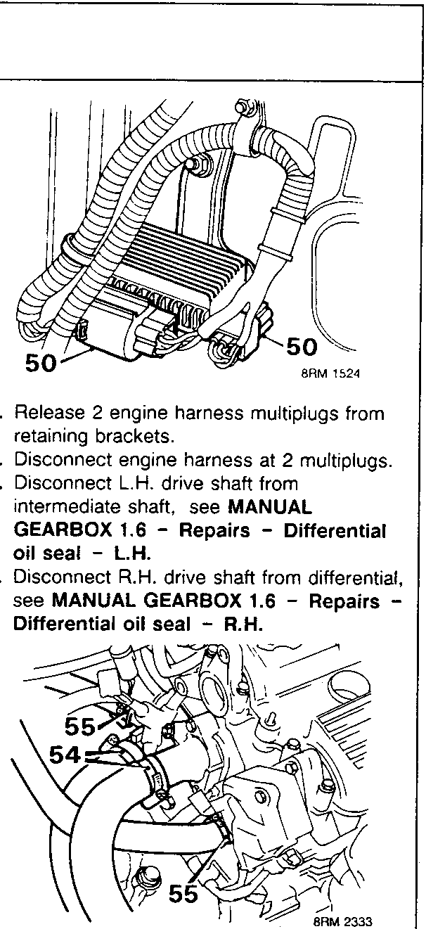Diagram showing engine harness multiplugs being released from retaining brackets