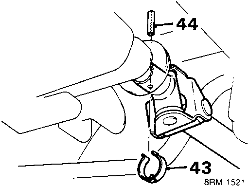 Diagram showing selector rod roll pin and clip being removed with a punch