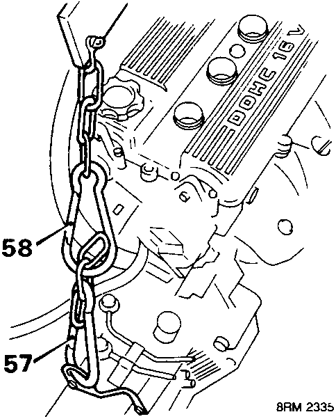 Diagram showing lifting chains attached to engine lift tilt adapter with callout numbers 57 and 58