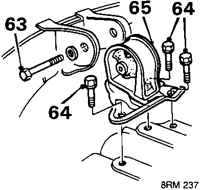 Diagram showing R.H. engine mounting with callout numbers 63, 64, 65