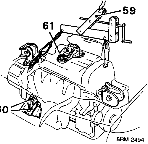 Diagram showing engine lift tilt adapter attached to lifting chains and bracket with callout numbers 59, 60, 61